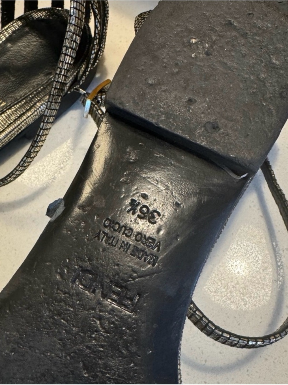 Fendi Black and Silver Woven Leather Ankle-Strap Sandals - Picture 7 of 9